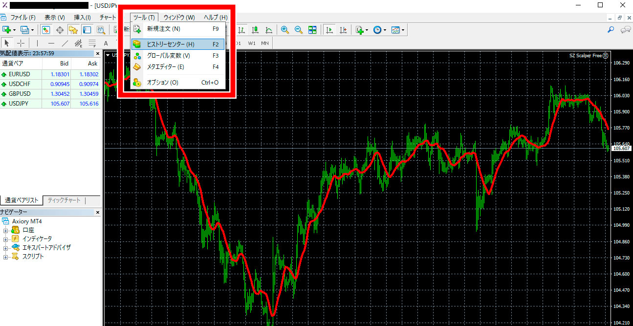MT4上部メニューにある「ツール」→「ヒストリーセンター」の順にクリック