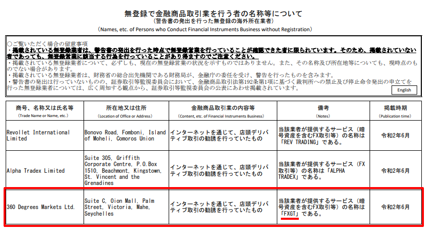 FXGTは金融庁から警告を受けている